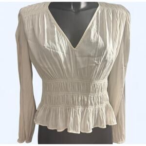 Universal Thread Cream Long Sleeve Smocked Blouse V-Neck Pleated, Women's Sz S